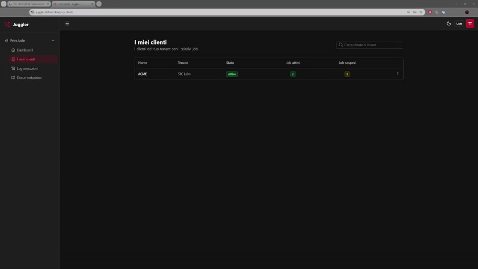 Dashboard 'I miei clienti' di Juggler con tenant e job attivi/sospesi
