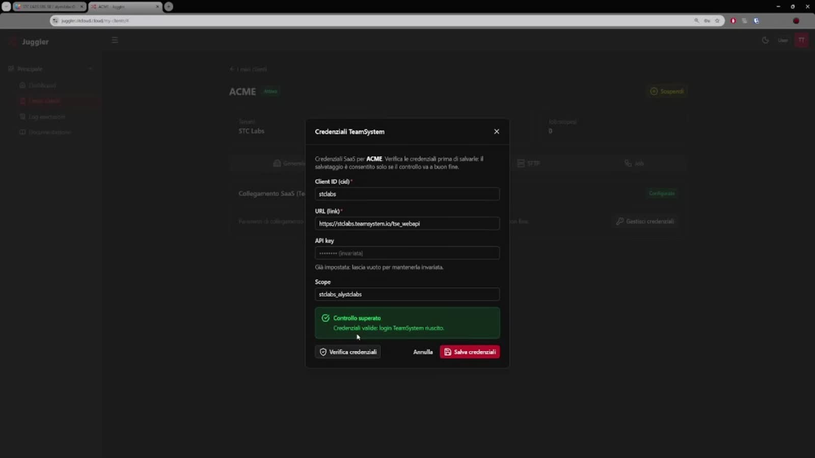 Gestione credenziali TeamSystem in Juggler