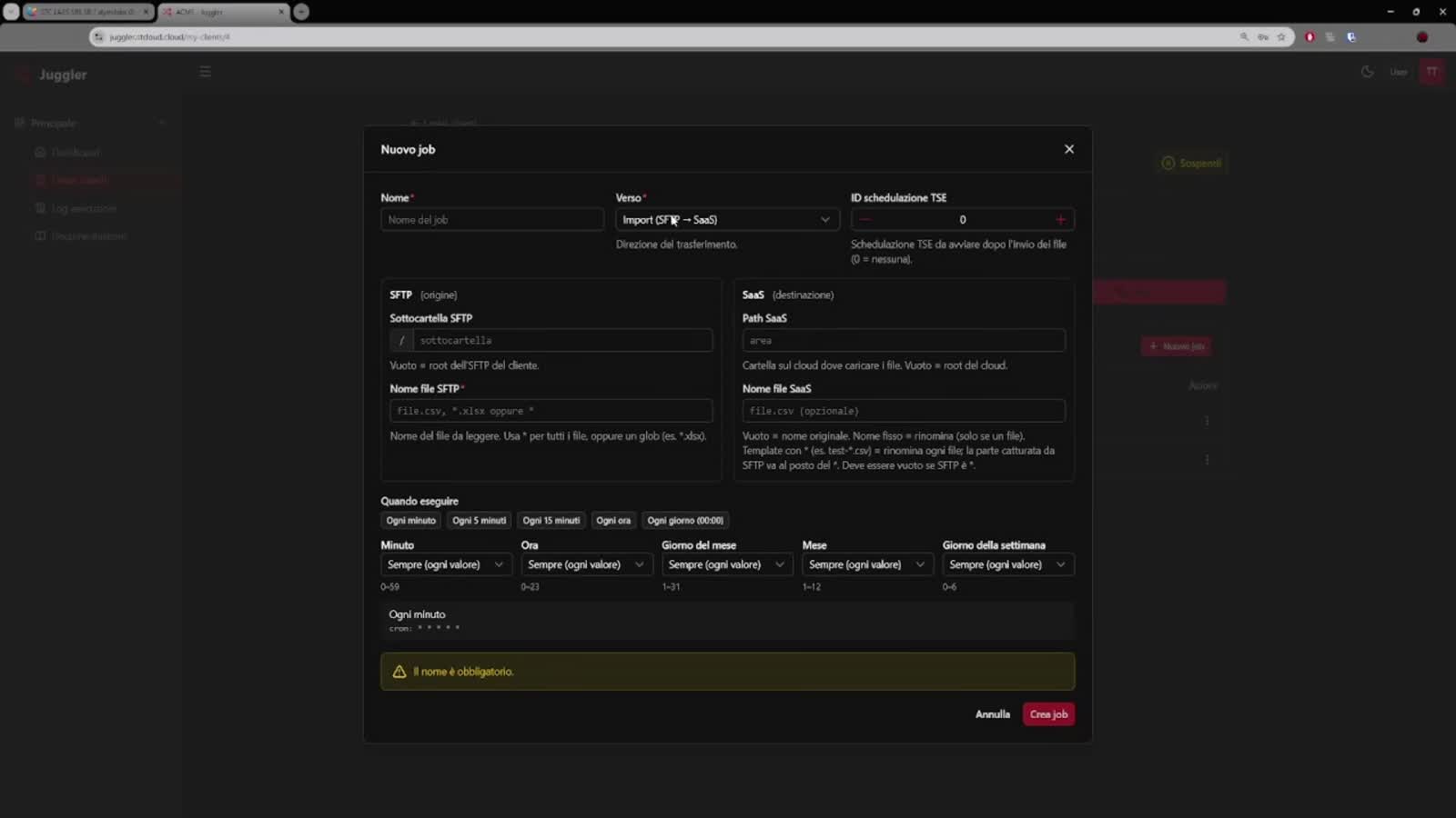 Configurazione di un job di import da SFTP a SaaS in Juggler